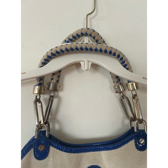 Tory Burch Canvas Tote Purse Bag Beach Beige Navy Blue w/ Gold Logo - Picture 3 of 11